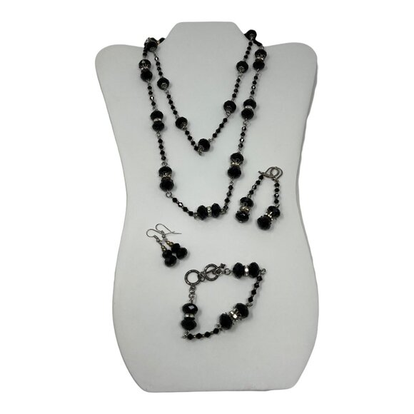 4 Piece Set Necklace Bracelet‎ 2 Pair of Earrings Handmade Black Clear Crystals - Picture 1 of 5